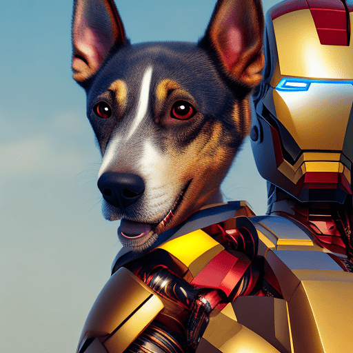 An image of dog wearing a "byte" name locket, portrait, alert pose pose, cyberpunk style, wearing bionic helmet, wearing iron man armor, high detail, octane render, very dog, golden armor with chrome plating, bright red and yellow back contrast light, ultra realistic, detailed, 8k , photorealistic