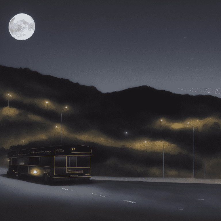 Glossy black school bus at a distance on a hill, in the middle of the night, moonlight, very detailed, lit street, streets lights