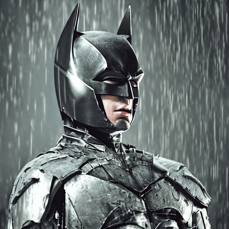 Batman wearing battle damaged armor | full body | blue eyes| starship troopers | its a dark rainy night| epic fight scene| wounded from battle| detailed face| extreme details| cinematic| masterpiece| photography| stunning environment| shiny| smooth| atmosphere| detailed| intricate| full of colour| cinematic lighting| hyperrealistic| focused| lumen reflections --v 5