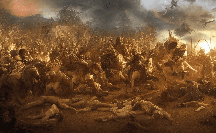 Renaissance style a cinematic scene set during golden hour. A battle is happening between two armies