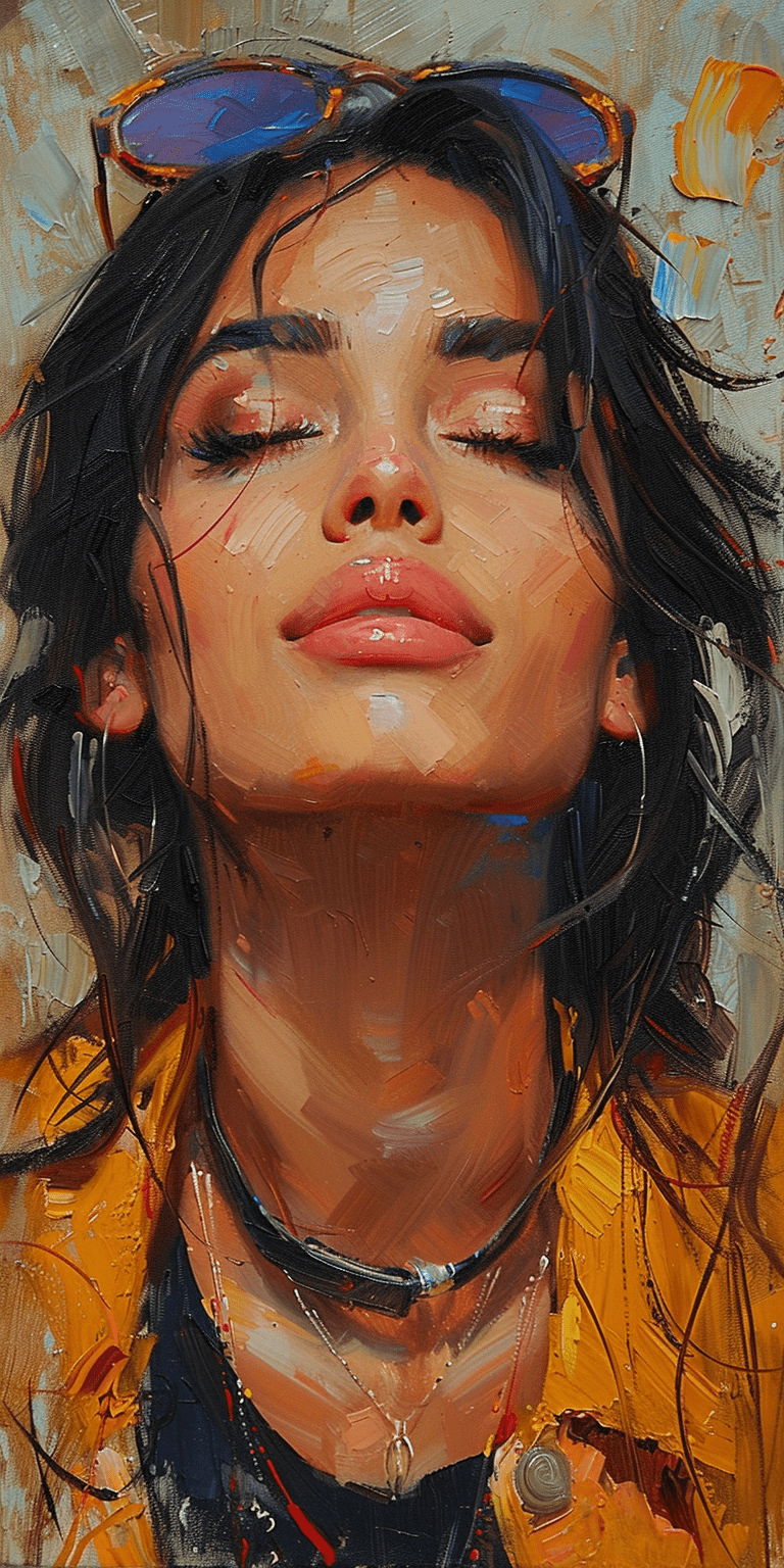Oil on canvas, impressionist tendencies, painting of a woman, natural lighting, and warm tones, in the style of impressionist masters, bold and expressive brushstrokes, close-up --no freckles, distortion, water, sweat --ar 1:2 --stylize 750