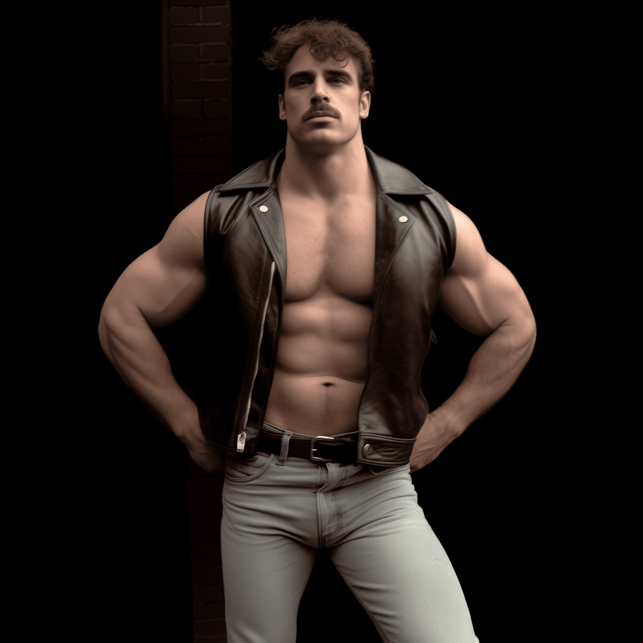 Head to toe shot, arms raised, hairy chest, hairy arm pits, posing, ((abs) ), fit, photography, in the style of tom of finland --c 35 --v 5. 2