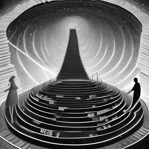 A dreamy illustration of an infinite staircase leading to the universe, with books and characters on each step. The figure at its center is walking up it, symbolizing continuous learning in the style of magic realism. Dark tones and glowing light create depth, while swirling patterns suggest vastness. --ar 59:82 --v 6. 0