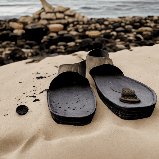 Photo of a well worn pair of sandals sitting next to a cremation urn with the ashes blowing out across the shoreline