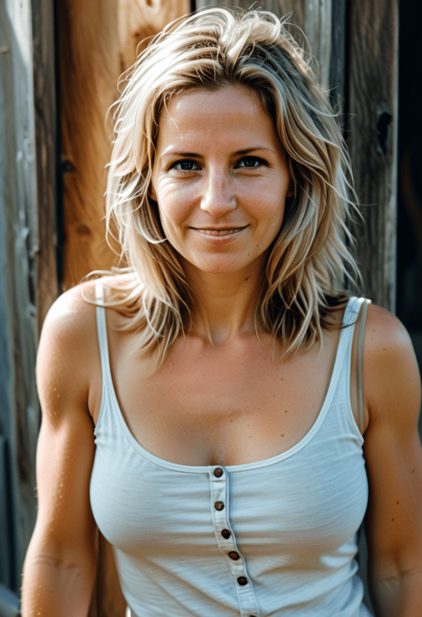 This is a photograph of a woman with shoulder length blonde hair and dark roots. She's wearing a low cut tank top. She smiles slightly as she stares at the viewer with her light-colored perfect eyes. It's a warm sunny day as she leans up against a worn wooden doorway. Casting shadow style, extremely intricate details, masterpiece, epic, clear shadows and highlights, realistic, intense, enhanced contrast, highly detailed skin