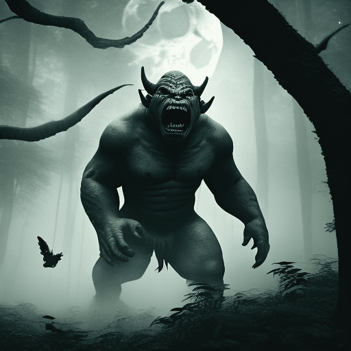 Cinematic, hyper detailed photograph shot of an orc flyng through a foggy jungle in a full moon night, scary wings, white skin , black dots, creepy image, 8k, monster type