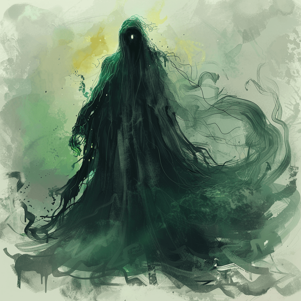 Design a spectral walker in the style of greg rutkowski, using black and emerald tones in a watercolor art style. The creature should appear ghostly and ethereal, with an elongated, tattered cloak that flows like mist. Its eyes glow a haunting yellow, casting an eerie light. The background should depict the underworld, with dark, twisted landscapes and shadowy figures. Use opaque light to create a mysterious and otherworldly atmosphere. The spectral walker should emanate a sense of dread and melancholy, seamlessly blending into the haunting environment