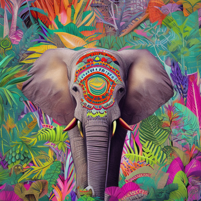 Artwork of a (((baby) )) grey elephant in a colorful jungle foliage, detailed, cinematic, professional, great composition, sunny, beautiful, stunning, highly detail, very intricate, ambient aesthetic, , inspired, original, vibrant colors, romantic, perfect, symmetry, clear, artistic color, cute, magical, surreal, epic, best, new, iconic, gorgeous, creative, positive, unique, attractive