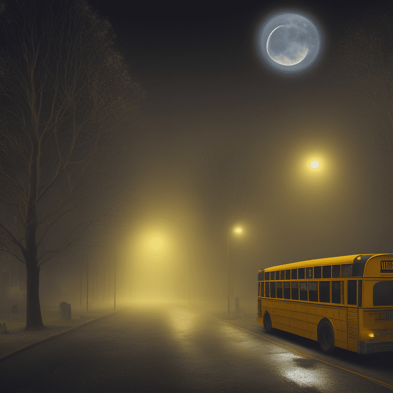 Angled view of a detailed darkish yellow school bus at a distance in the background, intricate details, in the middle of the night, moonlight, very detailed, lit street, dead trees, streets lights, foggy, divine presence, cemetery nearby