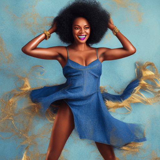Hyper realistic fashion magazine photoshoot of a black woman. Full body, details on feet. Golden anklets and toerings. Big breast, skin imporfections. Smiling. Blue eyes