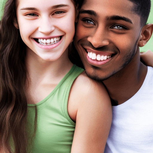 Photo of a whiteskin girl with straight brown long hair, green eyes, clear skin and with braces hugging a brownskin boy with a crew cut, clear skin and dark brown eyes