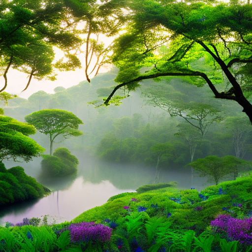 Expansive landscape where diverse biomes blend. Majestic forests with towering ancient trees and emerald canopies stretch into misty hills, interspersed with vibrant meadows filled with colorful wildflowers. Streams meander through jungles, and lakes are nestled in serene valleys. Ethereal vines hang from the trees, the air is filled with the soft glow of bioluminescent plants. The scene is vibrant, lush, and enchanting, showcasing the harmony of nature. Panoramic view, high contrast, serene and magical atmosphere.