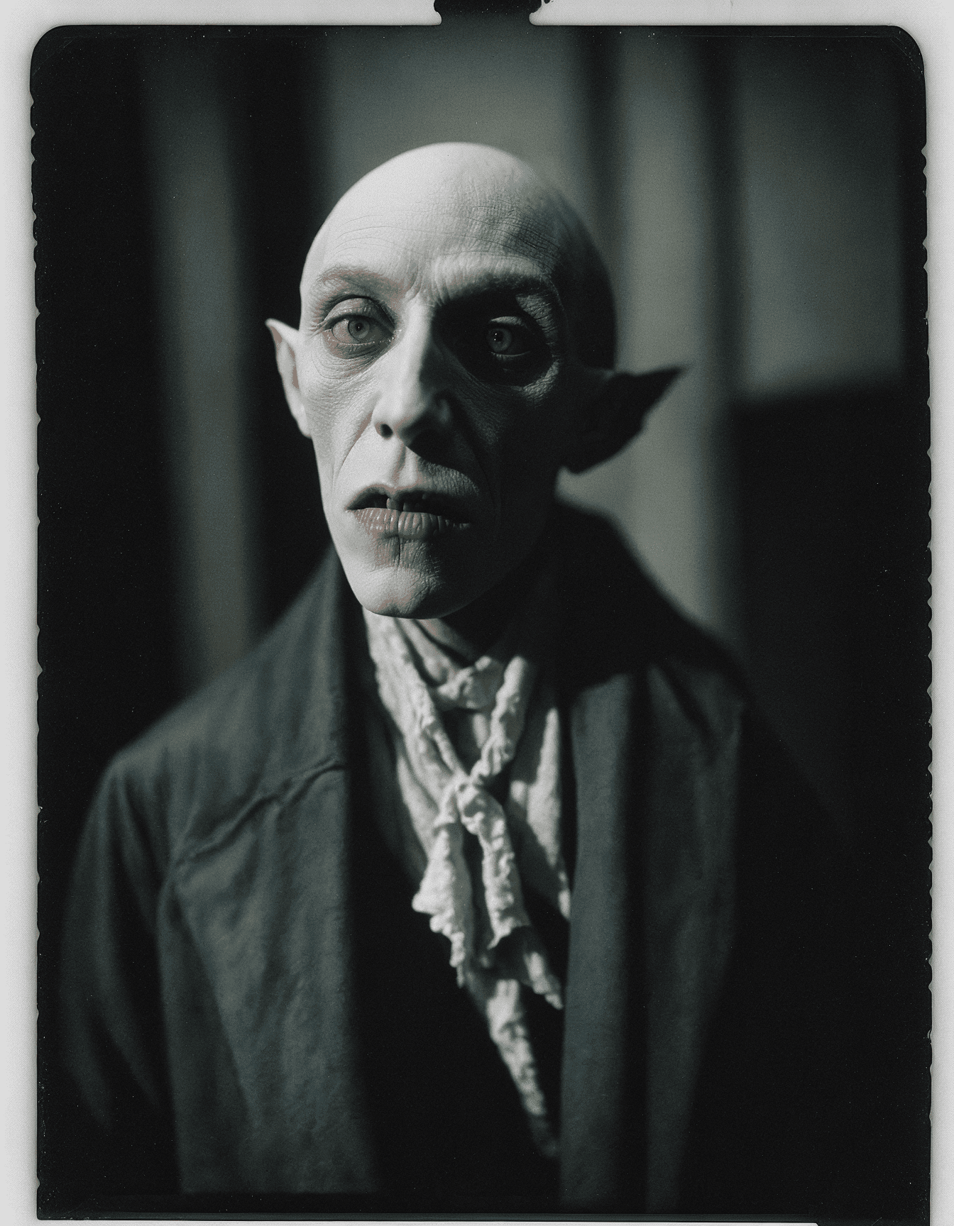 Highly detailed and hyper realistic dynamic 35mm photo of nosferatu, shot on polaroid film, cinematic still frame, film grain, shallow depth of field, creepy, crouched, faded colors, vintage, motion blur, high contrast, deep shadows, highly detailed and hyper realistic