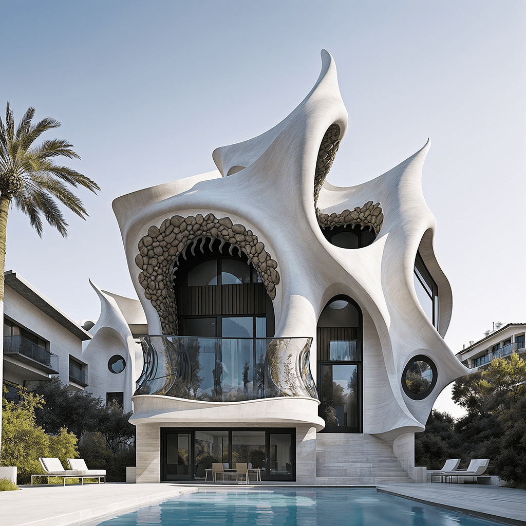 Modern architecture, inspired by gaudi, minimalism, modern, soft, calm