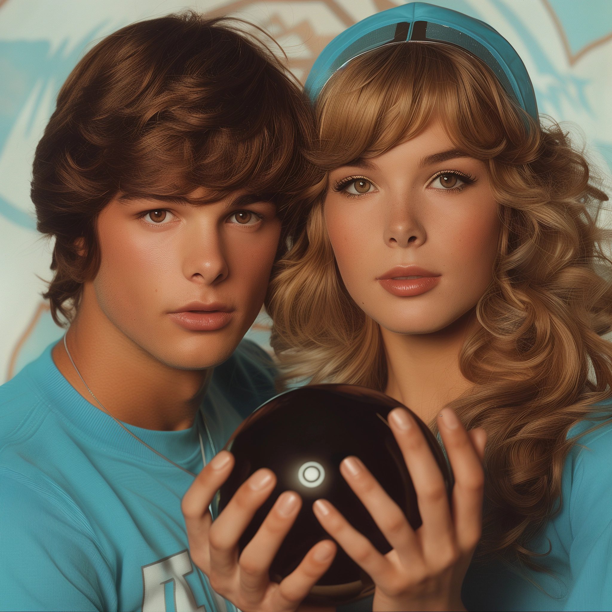 1980s style illustration of two people in blue t-shirts, one male with brown hair and the other female with long blonde hair, both holding up black spheres between their fingers against a white background. The illustration is in the style of typical 1980s pop culture artwork --personalize nwnd4j3 --stylize 600