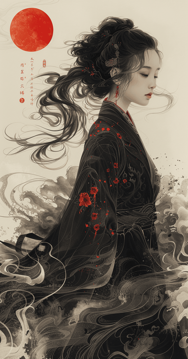 An elegant woman in traditional chinese attire, surrounded by swirling clouds and the full moon, in the style of ancient china, an ink painting, full body portrait illustration --ar 67:128 --stylize 750