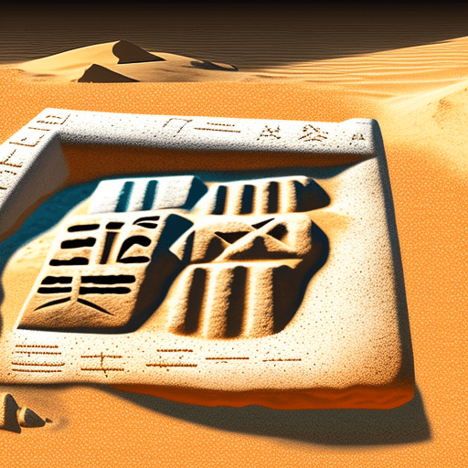 An ancient, grey clay tablet inscribed with mysterious hieroglyphs and cuneiform laying half buried in the sand, vector graphics like image