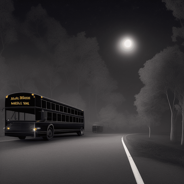 Back view of a glossy black school bus at a distance, in the middle of the night, moonlight, very detailed, lit street, dead trees, streets lights