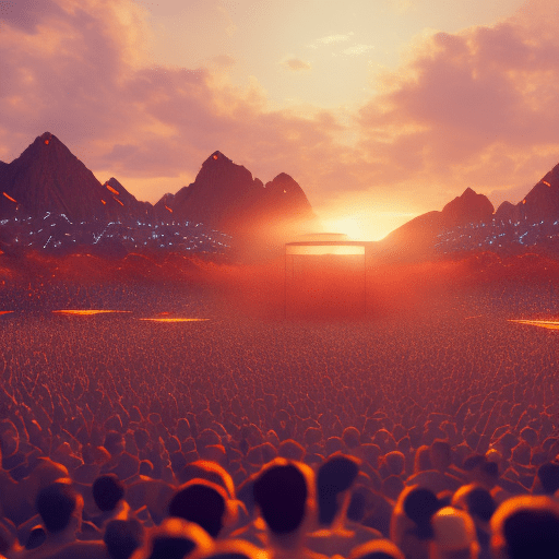 Concert stage at sunset high energy close to the stage octane render, trending on artstation, t symmetrical artwork. Cinematic, hyper realism, high detail, octane render, 8k