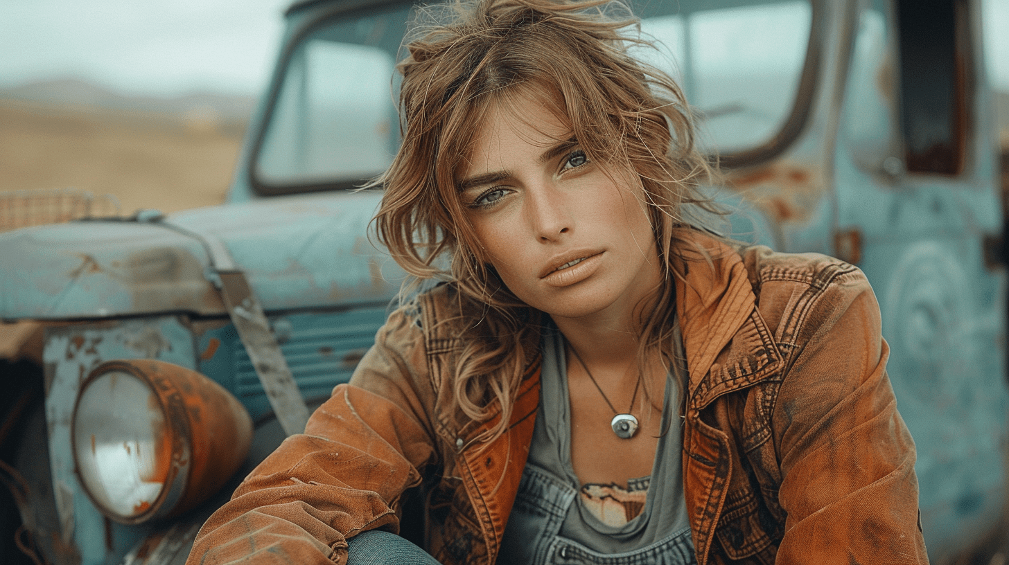 A fashion model held hostage in a mad max-style post-apocalyptic wasteland surrounded by rusted vehicles dusty orange tones faded blues gritty browns dystopian realism grungy fashion editorial style angular vehicle parts jagged metal scraps weathered leather textures sun-bleached fabrics rust and grime details harsh desert horizons tattered clothing edges dramatic contrasts tension-filled composition high-fashion meets wasteland grit cinematic lighting --v 6. 0 --ar 16:9 --s 750 --style raw --c 30