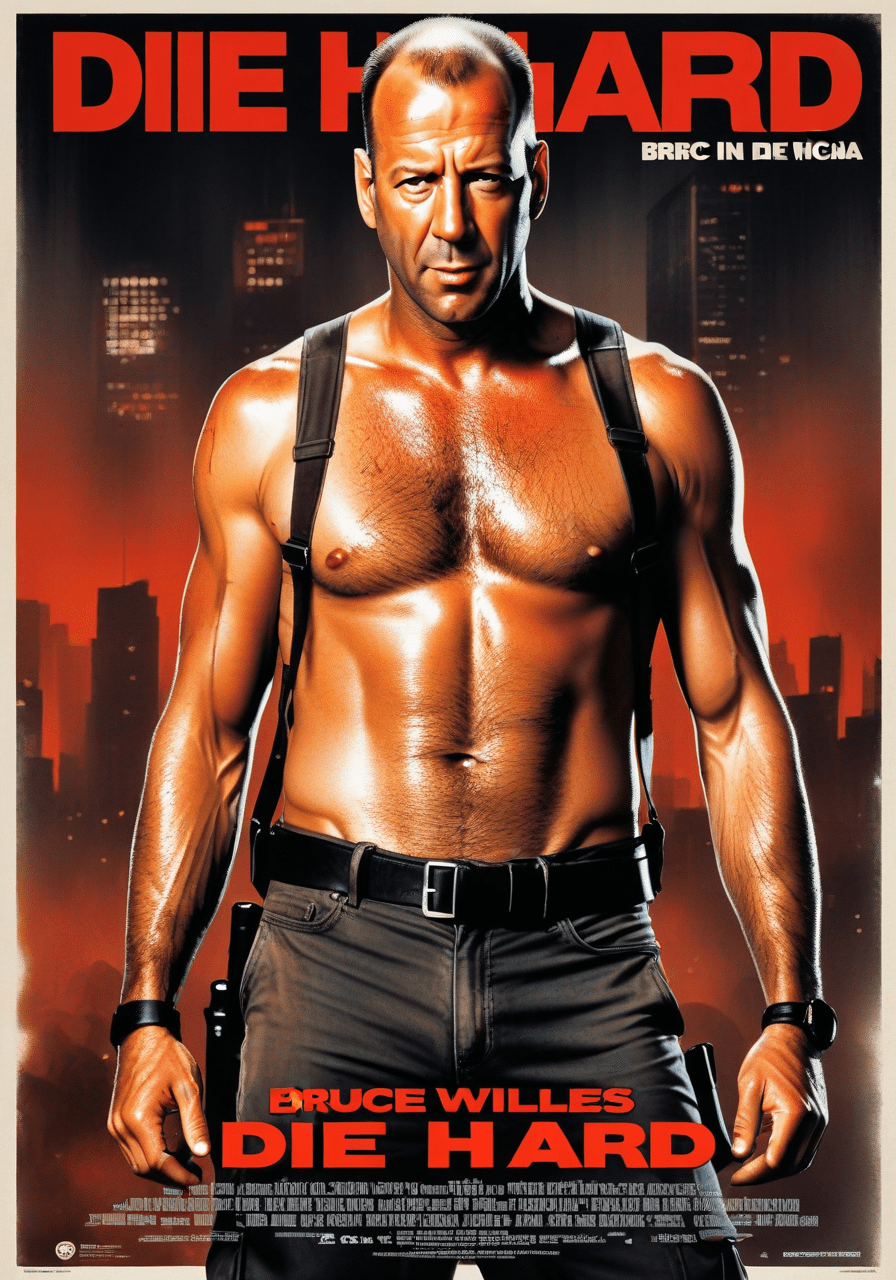 Image of a vintage movie poster, "john mcclane" (bruce-willis) from the die hard saga, 80s style. Below the text "die hard" is written in large, bold letters, with the actors' names in smaller type above it. He looks brave, bloody, sweat, 4k, high quality, perfect composition, photorealistic concept art. The bottom of the poster includes additional text reading ((bruce willis) ) indicating the film's supporting cast. The overall style and design suggests that this is an older movie poster from a time when they were used to advertise movies in theaters.