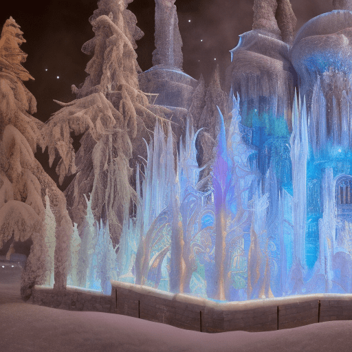 Fantasy ice palace: a [majestic/foreboding] ice palace in a [sparkling/blizzard-swept] winter wonderland, with [fantastical ice sculptures/glowing ice crystals] , [mythical creatures/frozen landscapes] , and an atmosphere of [enchantment/danger].