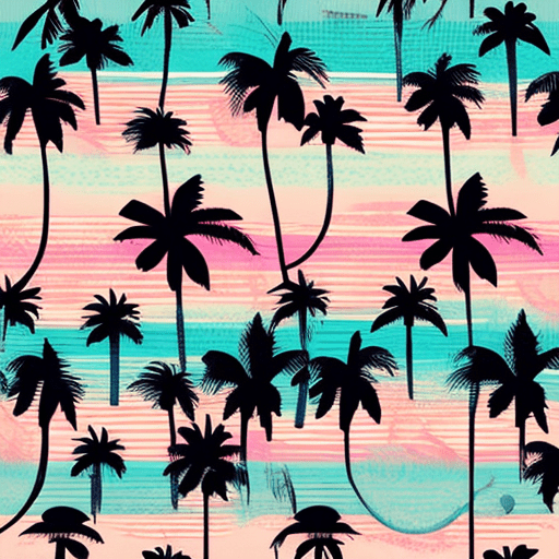 Pattern design, vintage sunset, palm trees, surfboard, pastel colors, retro style, family, hand-drawn elements, minimalistic design.