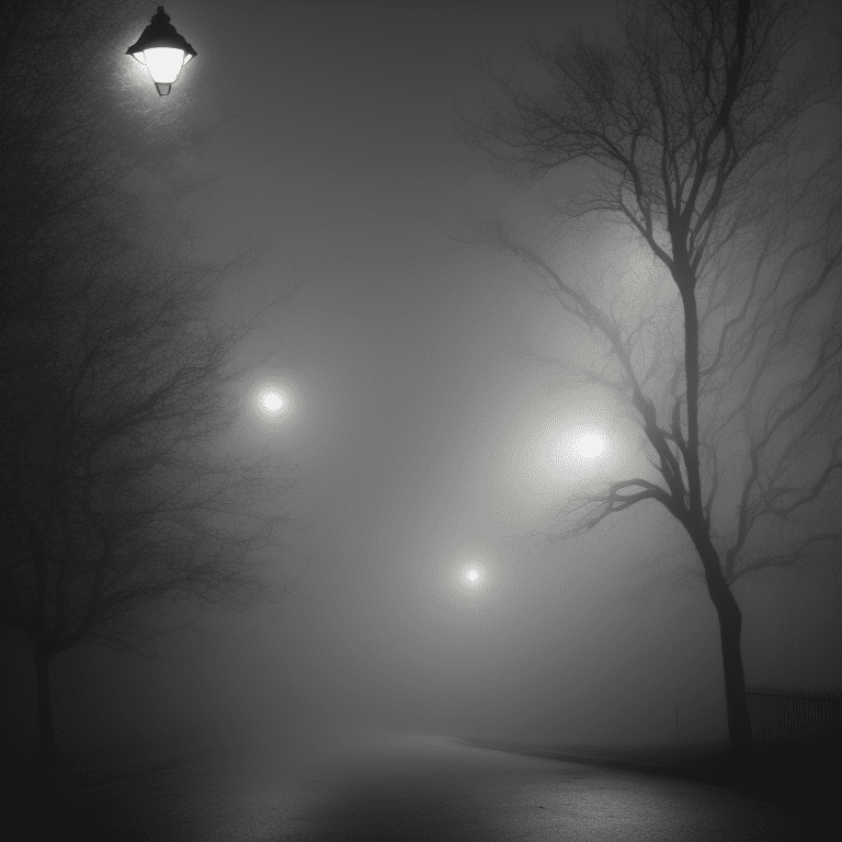 Photo of one large black in the street, spooky silhouette driving, bright lights, victorian street, dark fairytale aesthetic, intricate details, in the middle of the night, very detailed, lit street, dead trees, streets lights, foggy, divine presence, cemetery nearby