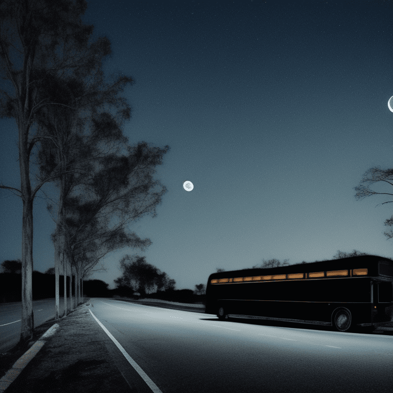 Side view of a long and dark lit strange bus at a distance, in the middle of the night, moonlight, lit street, dead trees