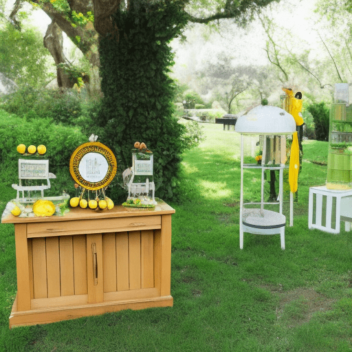 Wooden, upscale, lemonade stand, neatly organized, surrounded in rich greenery and lemons.