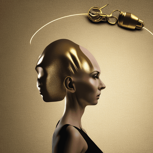 Woman without hair on her head in full growth with a gold watch around her neck, black background, 3d, realism, render, cinema light, cinematic, high detail --ar 9:16