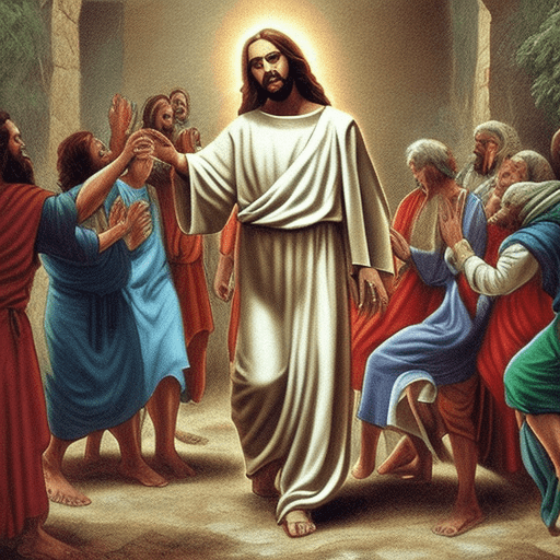 Jesus taking someone by his hand and walking towards the gates of heaven. Use warm collors