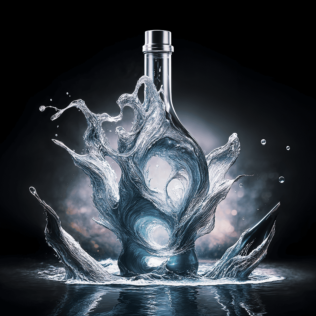 Create an image of a unique bottle of vodka sculpted from a splash of water frozen in mid-air. [the liquid curves and twists into the shape of the container with droplets suspended around its edges sparkling in the light. ] [captures the fluidity and motion of water while refracting and reflecting the surrounding environment creating a captivating and dynamic visual effect. ]
