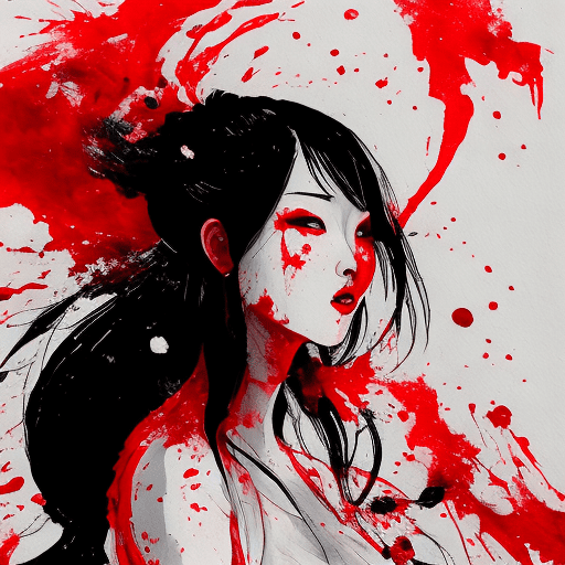 A painting of a woman in red with black hair, in the style of delicate ink washes, epic fantasy scenes, chinese painting, splattered/dripped, white background, traditional costumes, soft focus lens --ar 73:98 --stylize 750 --v 6