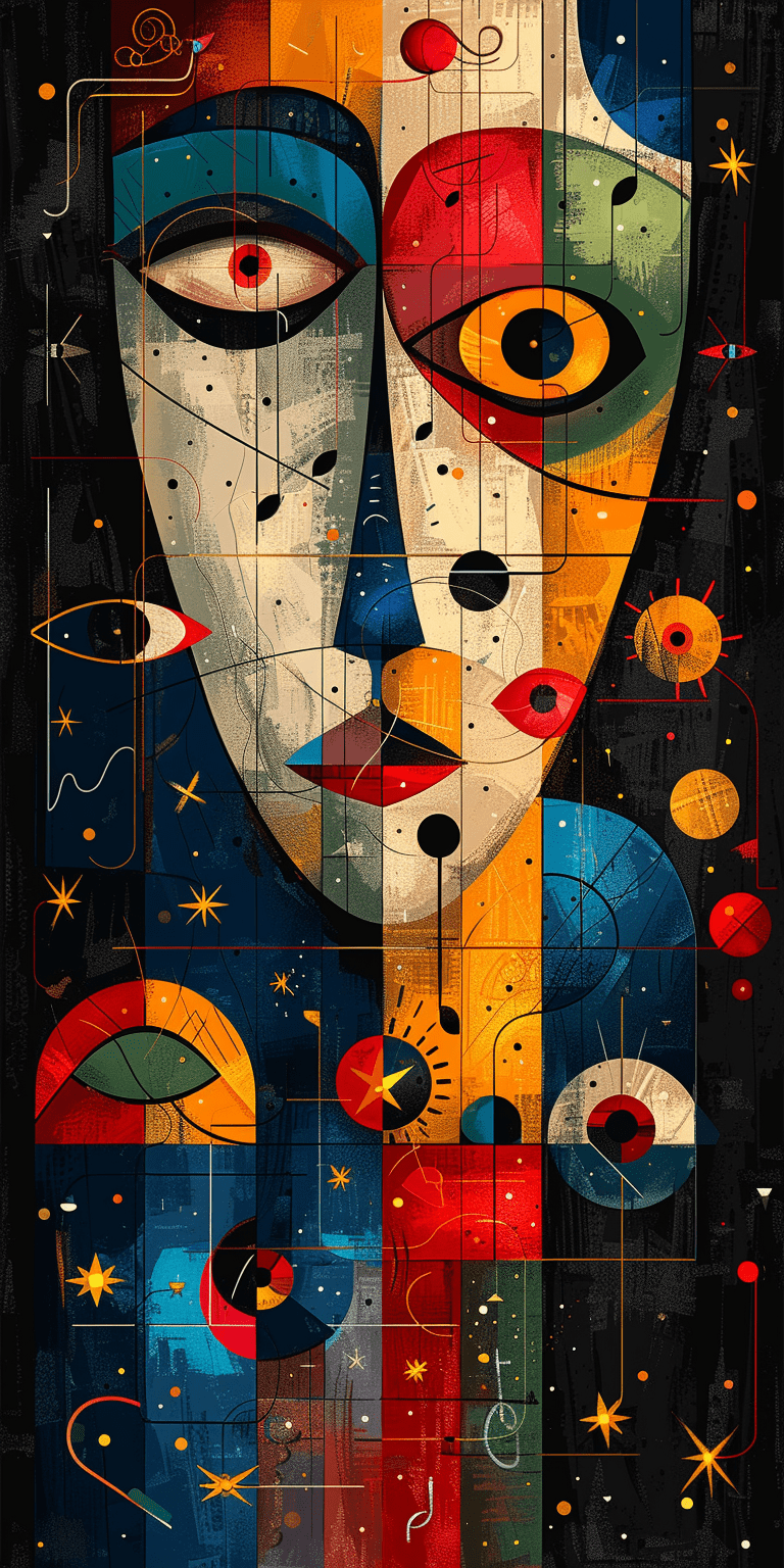 Abstract vector illustration of various symbols and characters, including musical notes, eyes with different expressions, stars, circles, squares, lines, and shapes in red, green, blue, and yellow colors against a dark background, in the style of joan miro and pablo picasso, cubism art movement, with clean bold lines at a high resolution --ar 1:2 --stylize 750