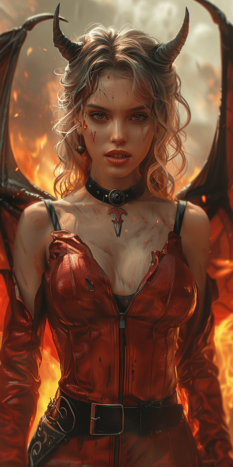 Beautiful demon woman with horns and bat wings, dark fantasy painting in the style of magali villeneuve, intense and fierce facial expression, standing in the middle of hell flames, full body character concept art --ar 1:2 --stylize 750