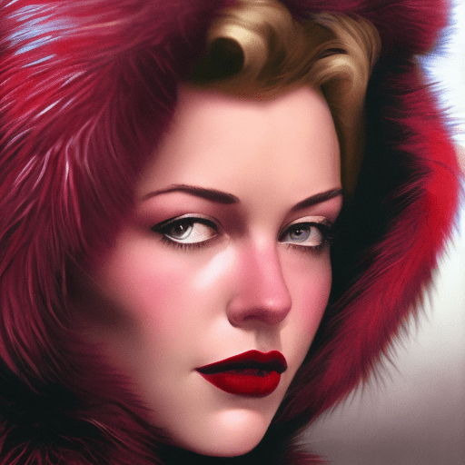 Rachel wyeth in her red fur coat, in the style of captivating lighting, glamorous hollywood portraits, close up, dark paradise, retro-style, dark violet and light red, wavy --ar 2:3 --v 6. 0