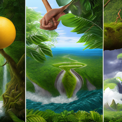 Create a high-resolution, 8k, hyper-realistic collage depicting key scenes from genesis. From left to right: eve's arm handing adam the forbidden fruit, a lush tropical rainforest representing eden, and noah's ark far in the distance with floodwaters crashing against it. Ensure the background is a fresh, natural forest with realistic lighting, intricate detail, and no defects.