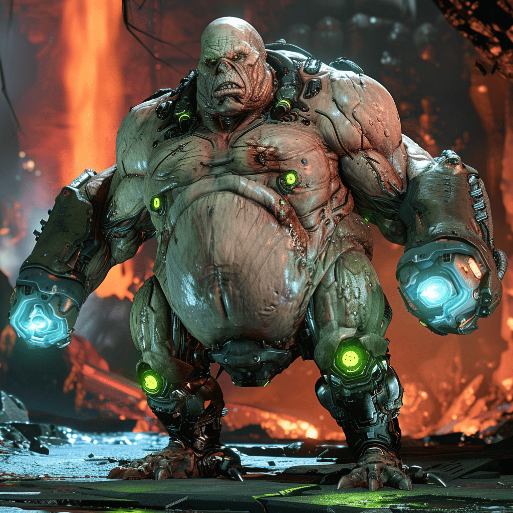 Design an enemy in the style of doom eternal: an obese, grotesque character with short legs and robust arms. Its torso is bare, exposing bulging muscles and pulsating veins. The character is bald, with piercing green eyes glowing with radiant lime-green radiation. Its mouth is connected to an artificial respirator, adding a sinister, mechanical touch. Equipped with massive plasma cannons on both hands, featuring intricate blue details. Render the scene in ultra-realistic detail using unreal engine 5 and octane render. Set the background in a hellish doom eternal world, with flowing lava, jagged rocks, and an ominous red sky