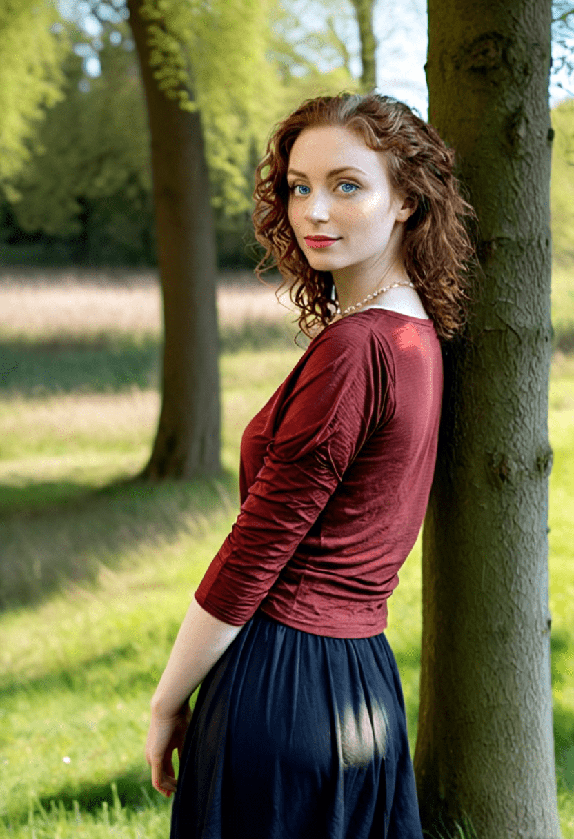 This is a photograph of a woman, from behind, leaning up against a tree and looking over her shoulder at the viewer with her light-blue eyes. She stands in a grassy field with trees in the distance on a bright sunny day. The sleeves on her (dark red blouse:1. 1) are rolled up and she wears a long, (black skirt:1. 1). Her auburn hair is wavy and hangs low on her back. Vivid colors, casting shadow style, perfect eyes, extremely intricate details, masterpiece, epic, clear shadows and highlights, realistic, intense, enhanced contrast, highly detailed skin, f/2. 8, bokeh