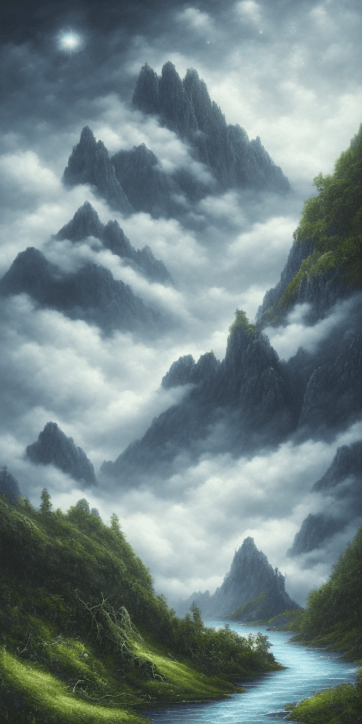 An endless mountain range on the background, covered full with lush green forests and life, blue sky with expressive but formless clouds and stars, a swirving river with clear water reaching out to the front of the scene, in the style of atmospheric paintings, with tones of gray, black, green dark indigo and light cyan, aquamarine blue and white, lovely mind-bending sculptures, realistic hyper-detail, in the style of complex compositions, dmitry spiros, balanced proportions, hard edge painting, 8k, haze, ultra-detailed, film photography, light leaks, trending on artstation, sharp focus, intricate details, highly detailed, by greg rutkowski fluid simplicity --ar 63:128 --stylize 750