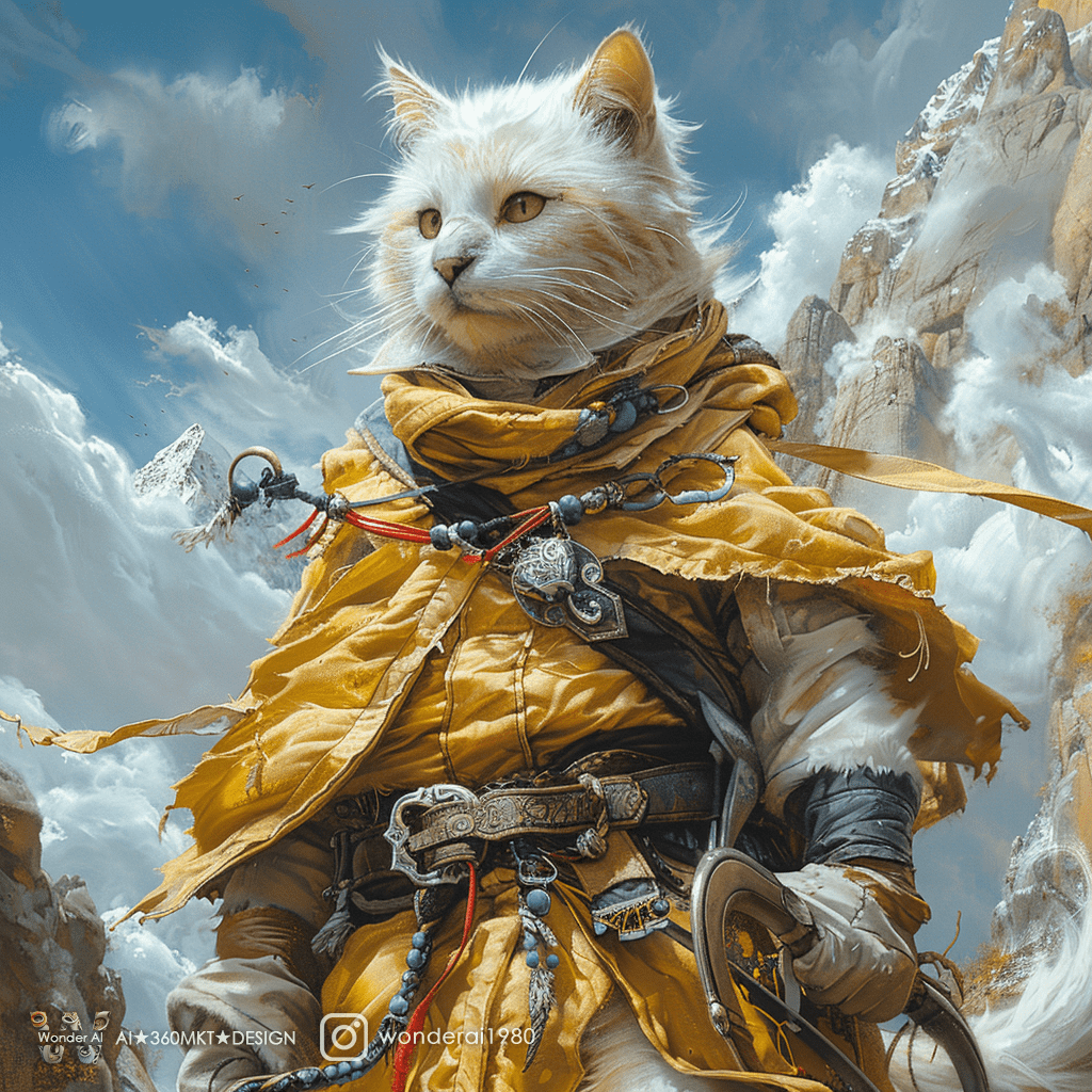 An anthropomorphic cute cat is horse rider, in the style of cinematic montages, dragon art, franciszek starowieyski, yellow and white, john howe, hyper-realistic details, himalayan art