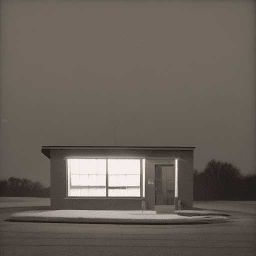 A small empty office building in the middle of nowhere at night, illuminated by warm lights from inside, in the style of william eggleston. --ar 128:127 --v 5. 2
