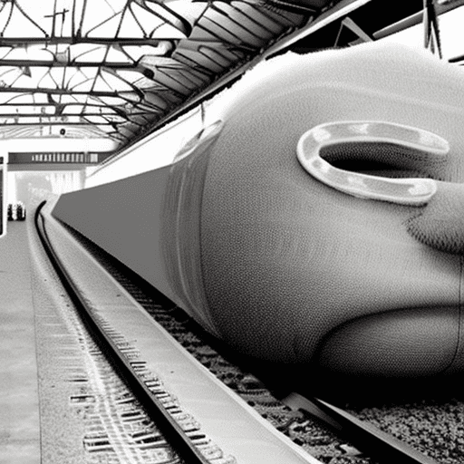 A giant colorless monster made of fused bodies crawling through a barren train station