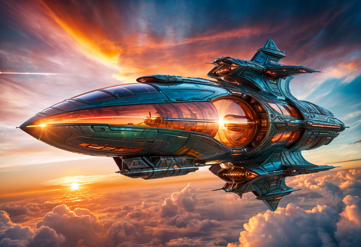 (by dave dorman:0. 7) and (eddie del rio:0. 8) , horror art, (photo of futuristic spaceship in the sky, sunset, fantastic lighting, masterpiece, high quality, intricate details:1. 2) , clear skies, tilt shift