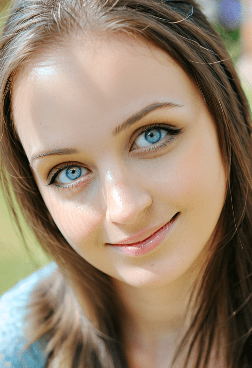 This is a photograph of a woman with gorgeous light blue eyes staring at the viewer and smiling. The photograph is taken from a high angle. Her straight, long, bronze hair frames her beautiful face. Light makeup adorns her face. It's a bright sunny day. Soft natural light, casting shadow style, perfect eyes, extremely intricate details, masterpiece, epic, clear shadows and highlights, realistic, intense, enhanced contrast, highly detailed skin, f/2. 8, bokeh