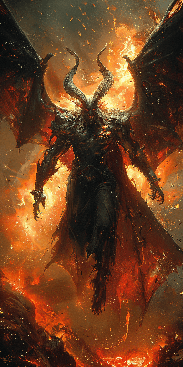 Avenging demon with horns and bat wings, dark fantasy, intense and fierce facial expression, flying in the middle of hell flames, full body character concept art --ar 1:2 --stylize 750