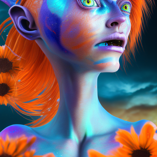 A stunning surreal portrait of a alien with blue and orange striped skin , she has gleaming orange eyes, glossy long flowing rainbow ombre hair, a alien shaped head with a gleaming crown of alien flowers, freckles across her nose, she poses fiercely, photorealistic photoreal photo portrait epic cinematic brilliant stunning intricate meticulously detailed dramatic atmospheric maximalist digital matte painting
