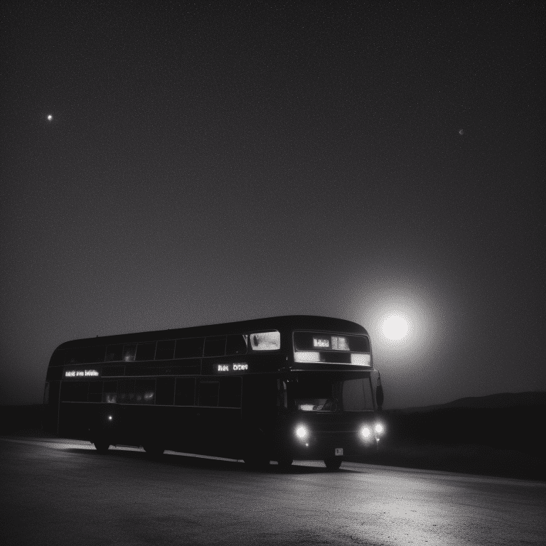 Mid shot view of a dark bus in the middle of the night, moonlight, eerie setting