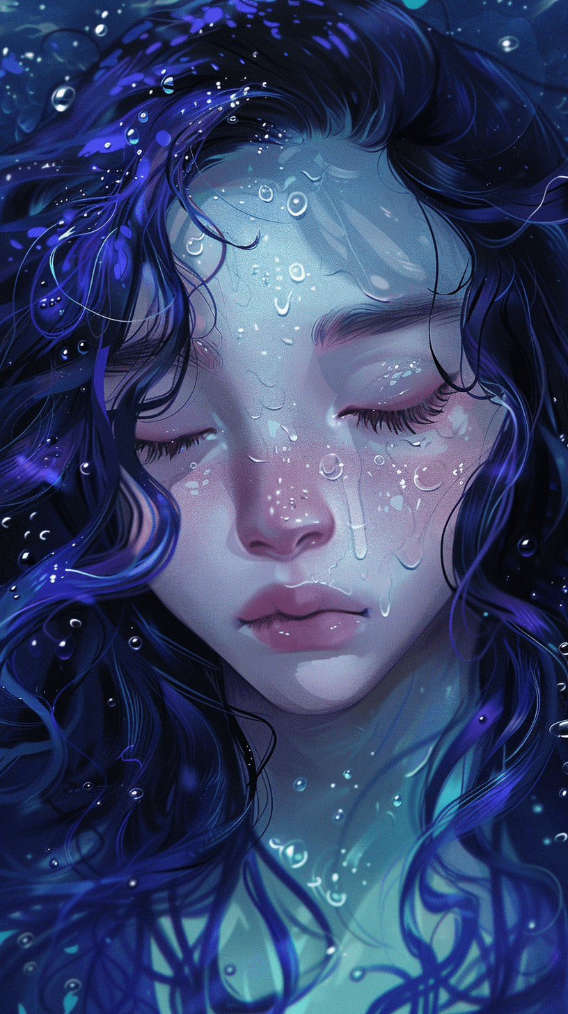 A digital illustration of a girl with deep purple hair, her eyes closed in a meditative state. The style should be inspired by the art group stars (xing xing) , using shades of blue and green, with elements of water drops that evoke a feeling of serenity. The illustration should be defined by delicate, projected lines, following the chinese gongbi style, with an application of paint that creates a smooth, fluid texture. --ar 9:16 --v 6. 0 --style raw